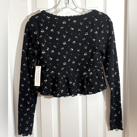 Kirious Los Angeles Long Sleeve Babydoll Floral Crop Top Waffle‎ Knit NWT Small - Picture 4 of 10